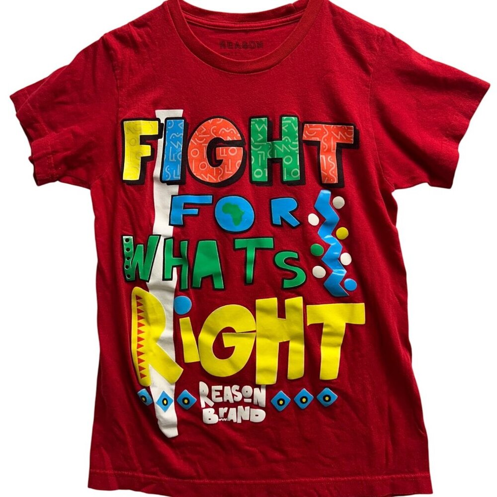Reason Brand Red Graphic T-Shirt "Fight For Whats Right" Small Cotton Youth Tee